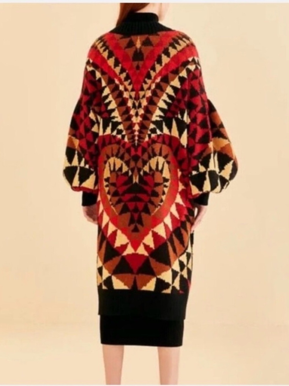FARM RIO Geometric Heart Deco Knit Cardigan Sweater - Red/Black/Cream - Picture 2 of 7